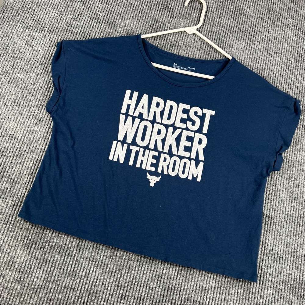 Under Armour Shirt Womens Large Blue Project Rock Hardest Worker Short Sleeve